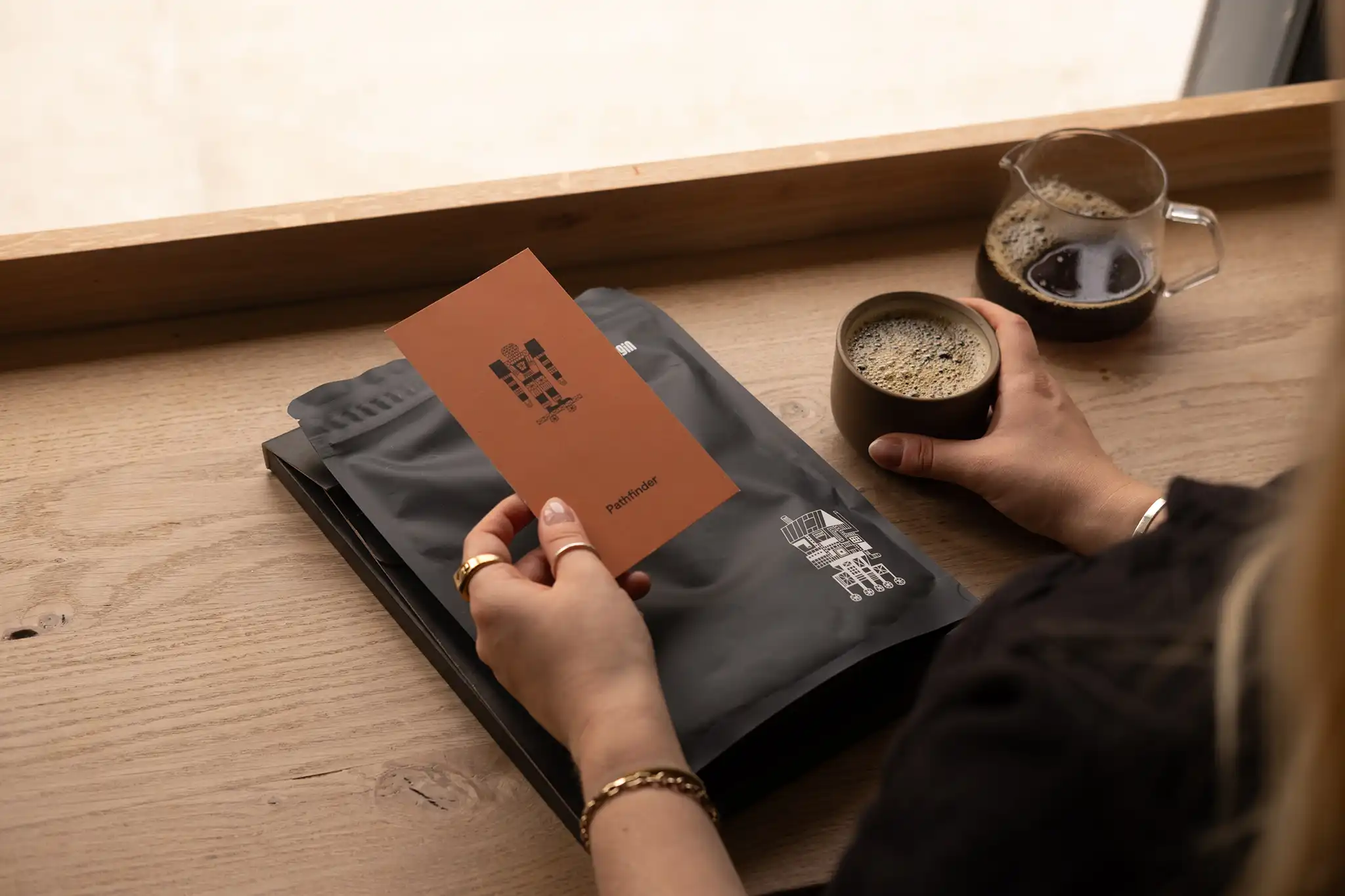 Custom printed coffee bags on display